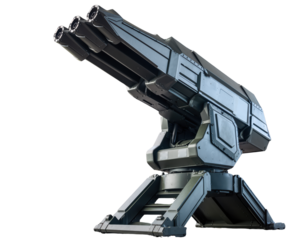 Futuristic, multi barrel turret gun with sleek, metallic design, mounted sturdy base, showcasing advanced technology and engineering. weapon appears ready for action, emphasizing power