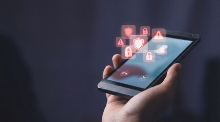 Person holds smartphone displaying security icons, symbolizing digital protection and cybersecurity. image conveys sense of safety and technological awareness