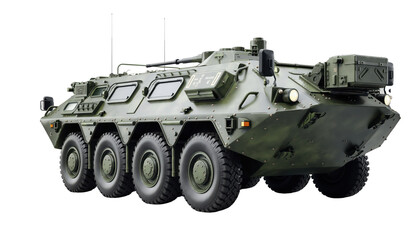 Armored military vehicle with rugged design and multiple wheels, suitable for rough terrains and tactical operations. vehicle is equipped with antennas and protective armor