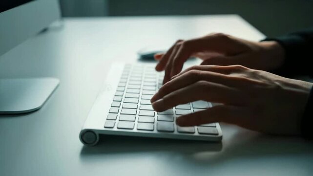 Close-up of person's hands diligently typing on a modern white computer keyboard in a dimly lit office environment, showcasing focused work