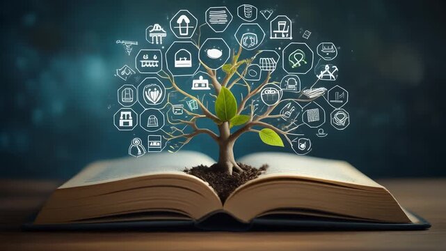  Tree growing from an open book, branches filled with icons of knowledge (International Day of Education)