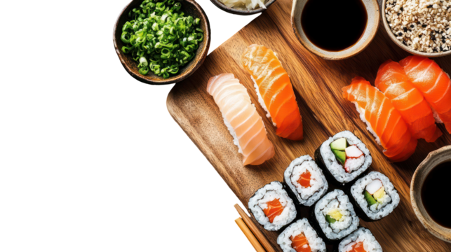 Fresh sushi platter with assorted rolls and sashimi on wooden board - Powered by Adobe