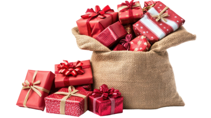 Festive gift bag with red presents, holiday decor, isolated on transparent background