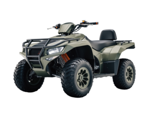 Rugged all terrain vehicle ATV with sleek design, featuring large tires and sturdy frame, ideal for off road adventures. ATV is equipped with comfortable seat and handlebars for easy