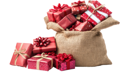 Festive gift boxes in burlap sack, holiday decorations