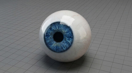 Realistic Blue Iris Human Eyeball with Veins and Reflection on a Gray Grid Surface Keywords: eyeball, eye, human eye, blue iris, pupil, sclera, veins, reflection