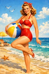 Lively pin-up style illustration of a smiling woman in a red bikini playfully balancing a beach ball on a sparkling shore, perfect for nostalgic summer ads and fun decor.
