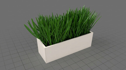 Rectangular White Planter Filled with Lush Green Grass on a Gray Grid Surface growing