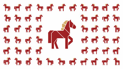 A mosaic of running horses in shades of red and gold, with a central geometric horse illustration