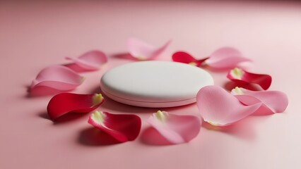 A white macaron surrounded by pink and red rose petals on a pink background