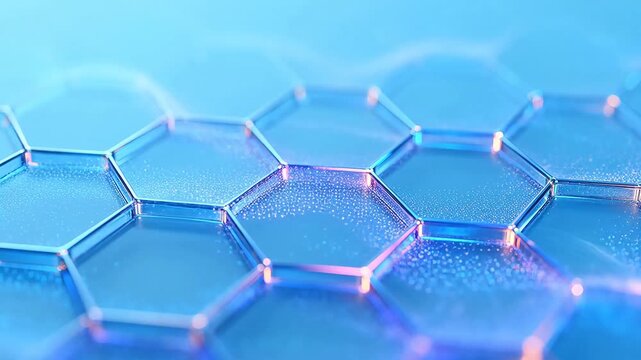 Abstract hexagon grid with glowing blue pink light and connections