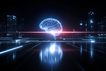 Glowing Digital Brain Hologram Floating over Futuristic Smart City with Light Trails