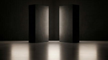 Two Tall Black Rectangular Pillars in a Dark, Moody Room with Reflective Floor Keywords: abstract, architectural, black, column, concrete, dark, design, dim, dramatic