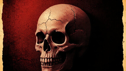 Distressed human skull with cracked cranium on a dark red halftone background, vintage horror theme