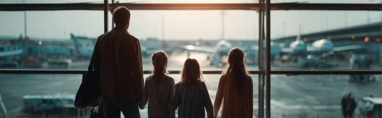 Family views airplanes at airport during evening as they wait for their flight to begin their trip together