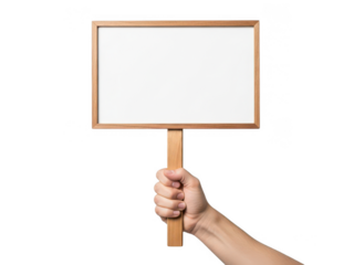 Hand holding blank sign isolated on transparent background