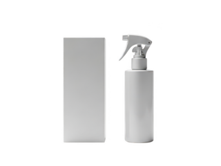 Minimalist spray bottle and box isolated on transparent background