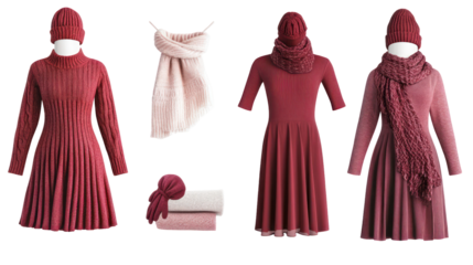 Winter fashion set: cozy knit dresses and accessories on transparent background