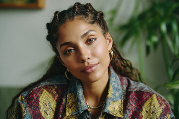 Stylish Young Woman with Braided Hairstyle Wearing Colorful Patterned Jacket with Golden Hoop Earrings