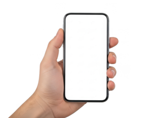 Hand holding blank smartphone isolated on transparent background