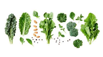 Fresh green vegetables collection, flat lay, healthy food, isolated on transparent background