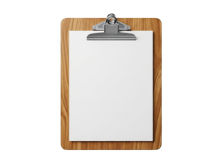 Blank wooden clipboard with paper isolated on transparent background