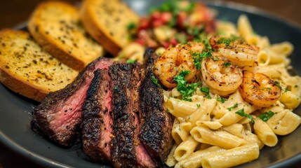 Delicious steak and shrimp dish served with pasta and garlic bread on a black plate