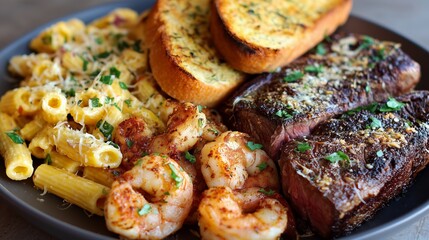 Dish featuring shrimp, steak, pasta, and garlic bread served on a plate during a meal time