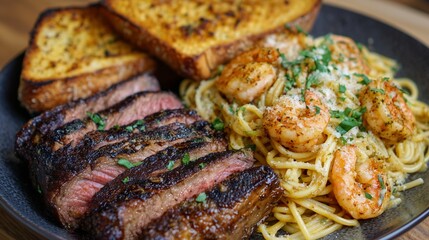 Delicious plate of steak, shrimp pasta, and garlic bread on a black dish served at a restaurant