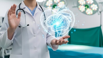 Doctor holds a glowing digital heart with a brain inside, symbolizing the interconnectedness of cardiovascular and neurological health.