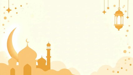 Elegant Islamic festival background with golden mosque silhouettes, crescent moon, and lanterns, perfect for Ramadan or Eid greetings and cultural events
