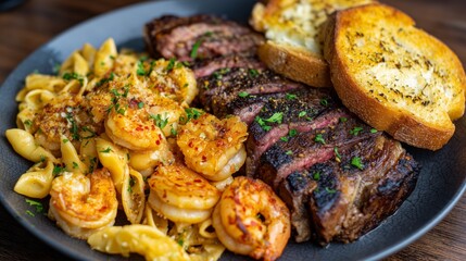 Grilled steak with shrimp pasta and toasted bread served on a black plate