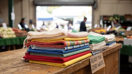 Stack of reusable fabric produce bags at a local market with zero waste message