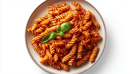 Plate of pasta with tomato sauce on a table decorated with a few fresh basil leaves in a simple setting