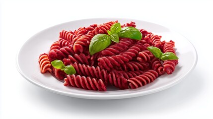 Colorful spiral pasta with basil on a white plate in a kitchen setting during daylight
