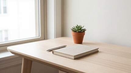 Minimalist Workspace with Notebook Pen and Potted Succulent on Wooden Desk