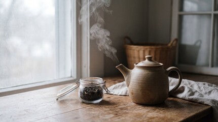 Steaming Ceramic Teapot and Loose Tea Leaves in a Glass Jar on a Rustic Wooden Windowsill