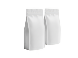 Two white stand-up pouches isolated on transparent background