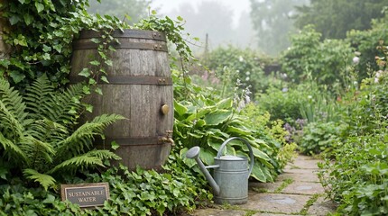 Wooden Rain Water Barrel with Metal Watering Can in a Lush Sustainable Garden