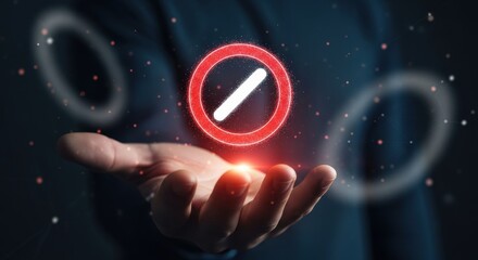 Hand Holding Light Symbol with Red Prohibition Icon in Dark Setting