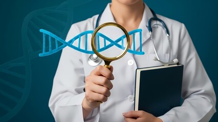 Doctor in a white coat examines a glowing blue dna double helix with a magnifying glass, holding a book.