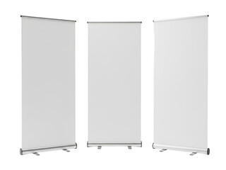 Three blank roll-up banners isolated on transparent background