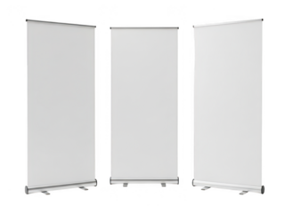 Three blank roll-up banners isolated on transparent background