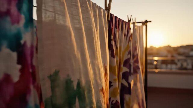 A close-up view of vibrant, holi-inspired tie-dye fabrics drying on a clothesline during a warm golden sunset.