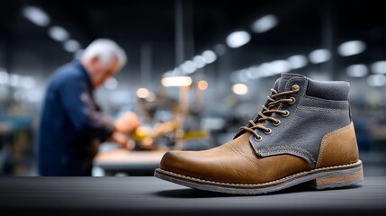 A beautifully crafted brown leather boot sits prominently while a skilled artisan works diligently in the background