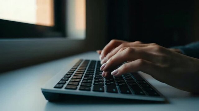 Close-up of human hands efficiently typing on a contemporary computer keyboard in a dimly lit environment, symbolizing digital work and focused productivity