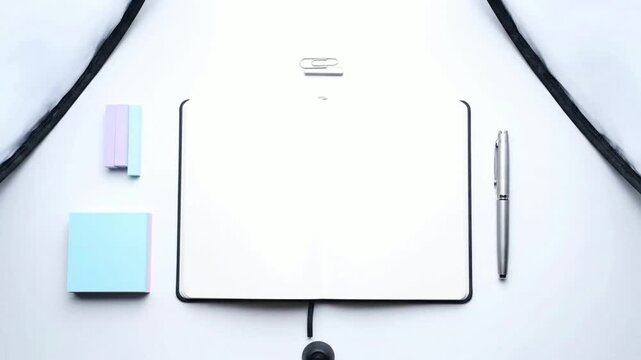 Brightly lit minimalist desk setup from above, featuring an open blank notebook, a sleek pen, and colorful sticky notes, ideal for planning, creative work, and new ideas
