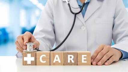 Doctor places a stethoscope on wooden blocks spelling out the word "care" in a medical setting.
