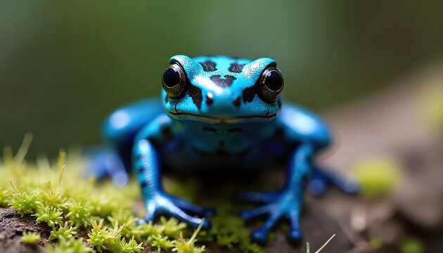 Blue poison dart frog sits on mossy branch. This tiny amphibian has striking blue skin and black spots. It lives in rainforests and is venomous.