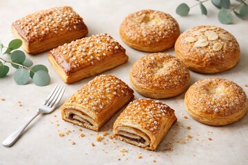 assorted sweet pastries with sugar and almonds on white surface
